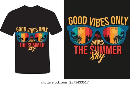 Stylish summer-themed T-shirt design featuring vibrant colors and tropical elements. Perfect for beach lovers, vacation vibes, and sunny day outfits. Ideal for custom apparel and summer collections