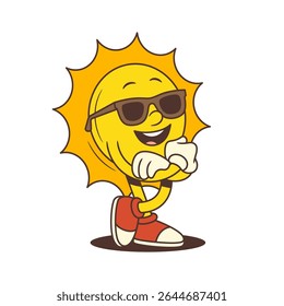 Stylish sun mascot in retro cartoon design wearing sunglasses with arms crossed and confident facial expression. Ideal for summer promotions, cafe branding, or vacation content. Vector illustration