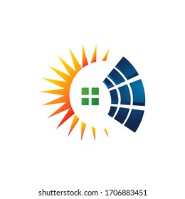 stylish sun and roof combination alternative renewable energy solar panel logo vector icon illustrations
