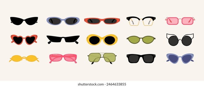 Stylish sunglasses. Fashionable modern eyewear icons, trendy different lens plastic frames, cartoon eye protection accessory. Vector isolated set.