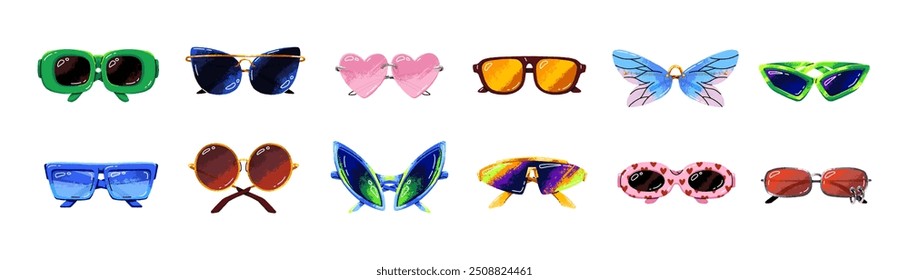 Conjunto de gafas de sol con estilo. Diferentes gafas de moda con protección solar. Gafas modernas y retro, gafas. Accesorios de verano de moda. Ilustraciones vectoriales aisladas planas sobre fondo blanco