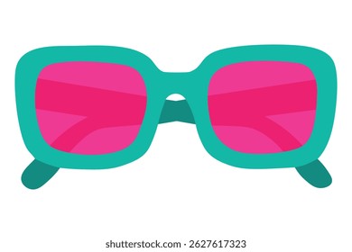 Stylish sunglasses with teal frame and glossy pink lenses, bold flat vector in cartoon style.