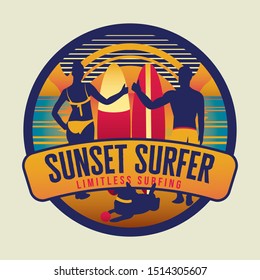 Stylish Sunset Surfer Logo Badge. Couple on Vacation with a Dog. Sunset in the Beach. Retro Vintage Joyfull Badge Illustration. Surfboarding Outdoor Beach Activity. Tropical Island