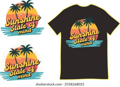 Stylish Sunshine State of Mind graphic  design. This image shows a design for a t-shirt featuring the phrase Sunshine State of Mind with a vintage-style graphic of a sunset, palm trees, and birds..