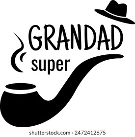 Stylish Super Grandad Black and White Graphic Design with Pipe and Hat, Perfect Retro Icon. Silhouette Vintage Illustration.