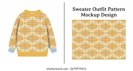 A Stylish Sweater Featuring a Repeating Geometric Pattern with Yellow and Beige Tones and Contrasting Blue Cuffs.