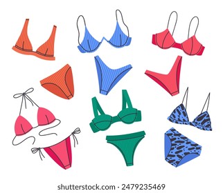 Stylish swimwear. Colorful swimming wear, bikini, bras and panties, women's beach fashion swimwear flat vector illustration set. Summer vacation female garments