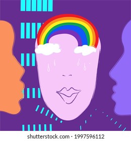 Stylish symbolic portrait of people of different orientations. Positive, rainbow, love, LGBT, Pride, peace. Stylized faces. Flat colors. Colorful modern illustration.
