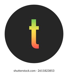 Stylish T Lowercase letter in gradient hues of green to red inside a solid black circle. Great for modern branding, tech logos, and digital art themes.