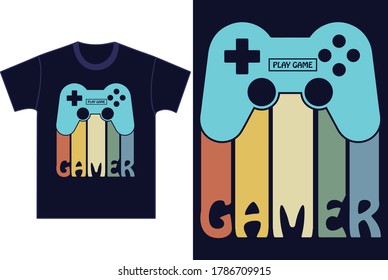 Elegante camiseta y ropa de diseño a la moda con brillante gamepad, tipografía, impresión, ilustración vectorial. Swatches globales.