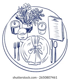 Configuração de mesa elegante com guardanapo, menu, flores e velas. Ilustração desenhada à mão para marca de restaurante, planejadores de eventos e impressoras de ocasiões românticas