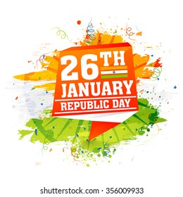 Stylish tag on saffron and green color splash background for 26th January, Happy Indian Republic Day celebration.