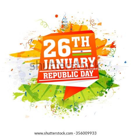 Stylish tag on saffron and green color splash background for 26th January, Happy Indian Republic Day celebration.