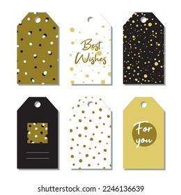 Stilvolles Tagset mit handgezeichnetem Polka Punkt, Tropfen, Punkt. Vektorgrafik. Geschenkanhänger mit handgezeichneten Elementen zum Drucken.