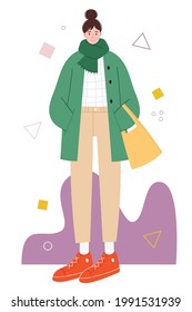 Stylish tall girl with curved proportions on an abstract background. Girl in autumn clothes with a shopper. Red sneakers. Flat style modern design for web page, social media, poster.