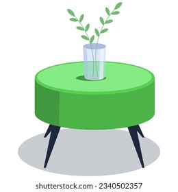 Stylish tea table and flower vase on top of wooden table. Vector illustration of green coffee table with plant in pot. Trendy stool, wood table and potted flower branch isolated in white background