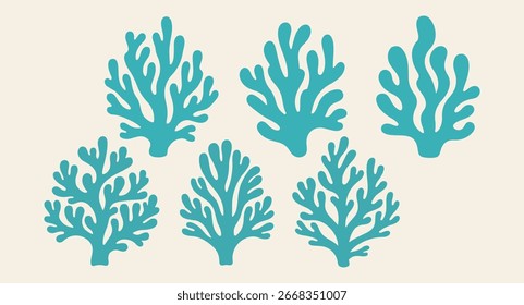 Las elegantes siluetas de coral verde azulado crean un patrón de inspiración marina sobre un fondo beige claro, aportando un toque sereno, náutico y veraniego a los Elementos de diseño decorativos