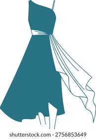 Stylish teal evening dress featuring a one shoulder design and dramatic asymmetrical ruffles