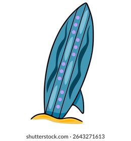 Ilustração de vetor de prancha de surfe azul-petróleo com pontos roxos e padrão ondulado, descansando sobre areia amarela, perfeita para projetos de verão.