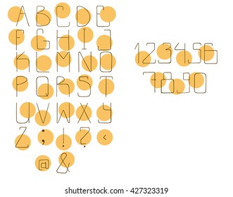 Stylish techno vector alphabet with punctuation marks. Hand drawn font for your design. Letters, numbers and symbols decorated with yellow circles
