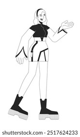 Stylish techwear girl gesturing hand black and white 2D line character. Futuristic neon blonde woman young adult isolated vector outline person. Futurism fashion. Monochromatic spot illustration