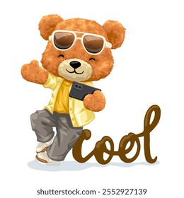 Elegante oso de peluche con gafas de sol que sostienen el teléfono inteligente y el texto "fresco", Ilustración vectorial