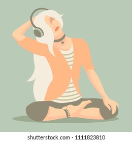 
stylish teen girl long blonde hair sitting and listening to music in wireless headphones pink grey blue pastel color