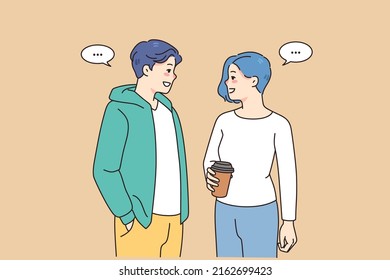 Stylish teenage couple enjoy date out communicating and laughing. Trendy subculture man and woman talk and chat chilling together. Relationship and diversity. Vector illustration. 