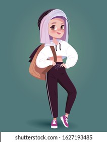 Stylish teenage girl in hoodie with backpack. Character design vector.