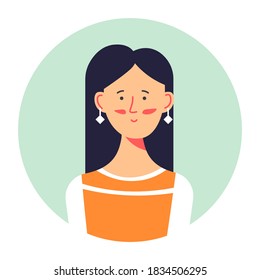 Stylish teenager girl photo or avatar, isolated portrait of woman wearing earrings. Elegant female character posing, attractive brunette, student of college or university. Vector in flat style