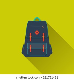 Stylish teenager school backpack. Kids schoolbag. Children's education element, back to school icon. Flat design with long shadow. Vector illustration, for your design, project, websites or app