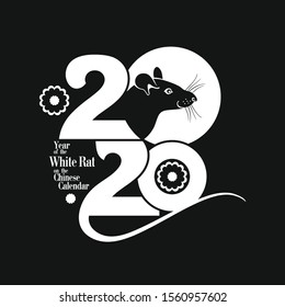 Stylish template 2020 with a rat head. White pattern on a black background. Chinese New Year of the Metal Rat. Wise Rat 2020. New Year on the Chinese calendar.