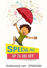 Stilvolle Vorlage, Banner oder Flyer-Design mit süßem kleinen Jungen unter dem Regenschirm für Monsun Saison Sale.