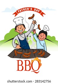 Stylish template, banner or flyer with illustration of father and son enjoying cooking together on nature background, concept for Happy Father's Day celebration.