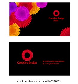 Stylish template with modern design of abstract creative business card or visiting card. Decorative elements in form of corrugated colored circles isolated on black background. Vector cartoon close-up