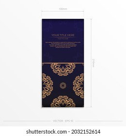 Stylish Template for postcard print design in purple color with luxurious Greek patterns. Vector preparation of invitation card with vintage ornament.