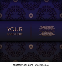 Stylish Template for postcard print design in purple color with luxurious Greek patterns. Preparing an invitation card with vintage ornaments.