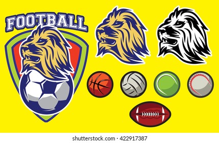 stylish template for sports logo with a lion head and balls