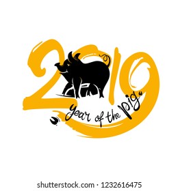 Stylish template for the year of the Pig. Handwritten yellow 2019 stamp and black Pig. New Year on the Chinese calendar.