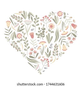 
stylish tender plants yellow and pink wildflowers and green grass in the shape of a heart for packaging design cards flat vector illustration