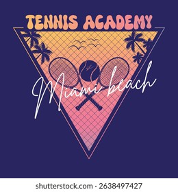 Stylish Tennis Academy Graphic Design for Miami Beach. A vibrant, retro-inspired graphic design featuring crossed tennis rackets and a tennis ball, set against a Miami Beach sunset backdrop.