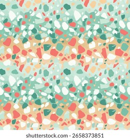 Elegante terrazzo padrão vetor sem emenda com pedaços de pedra coloridos. Ideal para embalagens, têxteis, papéis de parede, marcas e fundos digitais. Design moderno para projetos criativos.