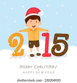 Stylish text 2015 with cute little boy in Santa cap for Merry Christmas and Happy New Year celebrations, can be used as poster, banner or flyer.