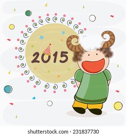 Stylish text 2015 with cute little girl wearing sheep horns on abstract background for Happy New Year celebrations.