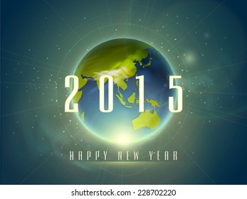 Elegante texto de Año Nuevo Feliz 2015 con el mundo sobre fondo abstracto.