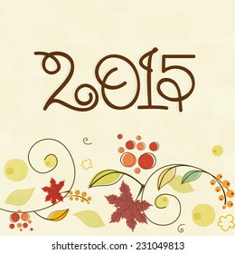 El texto 2015 es elegante y se puede usar como afiche, pancarta o volante en un fondo beige floral para las celebraciones de Año Nuevo Feliz.