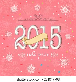 Stylischer Text 2015 mit Band auf Schneeflocken dekoriert rosafarbenen Hintergrund, kann man uns Poster, Banner, Grußkarte oder Flyer.