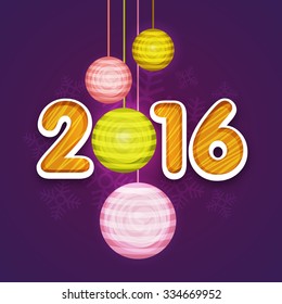 Stylish text 2016 with colorful Xmas Balls on Snowflakes decorated purple background for Happy New Year celebration.