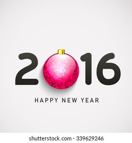 Stylish text 2016 with elegant pink Xmas Ball on glossy background for Happy New Year celebration.