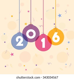 Stylish text 2016 on colorful hanging Xmas Balls for Happy New Year celebration.